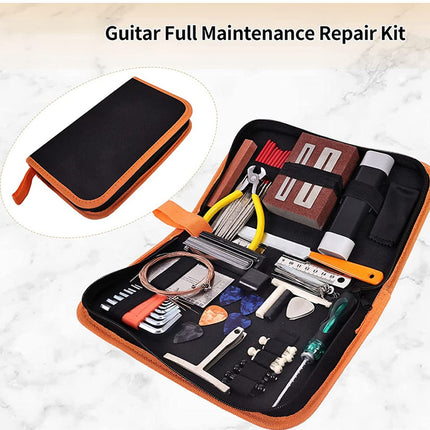 Guitar full maintenance and repair kit shown open on a light marble-style background, with an inset circle showing the closed black-and-orange carrying case. Text at the top reads 'Guitar Full Maintenance Repair Kit.