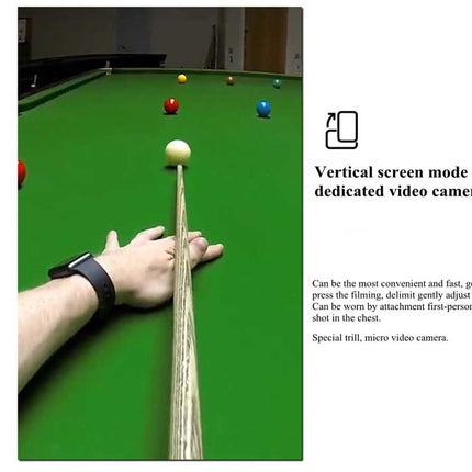 Person holding a pool cue on a green pool table with text about vertical screen mode and video cameras.