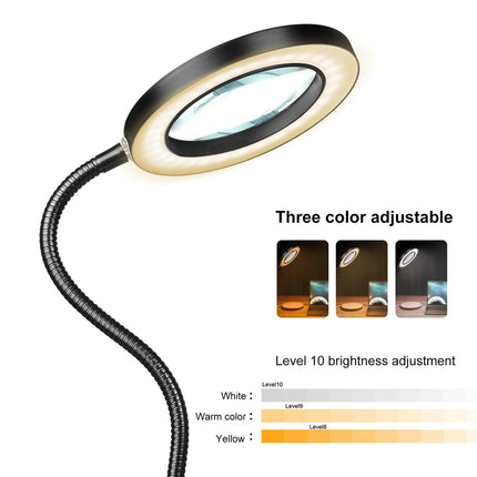 Adjustable LED lamp with three color options and brightness level on a white background