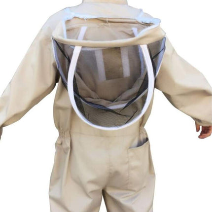 Beige beekeeping suit with a white mesh veil on a white background