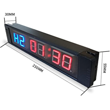 Digital clock with LED display showing time and temperature, with dimensions indicated.