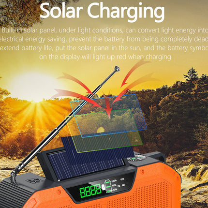 Solar charging device with solar panel and battery display against a scenic background