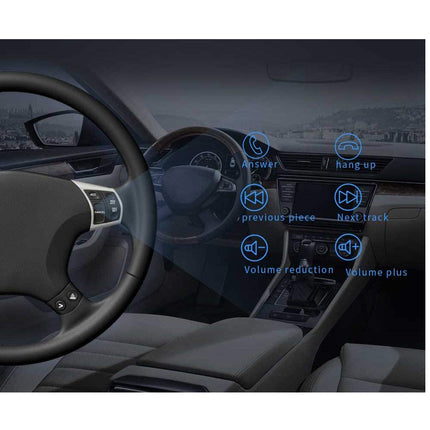 A car interior with a semi-transparent digital head-up display overlay showing navigation and media controls, including 'Answer', 'hang up', 'previous piece', 'Next Track', 'Volume reduction', and 'volume plus'.