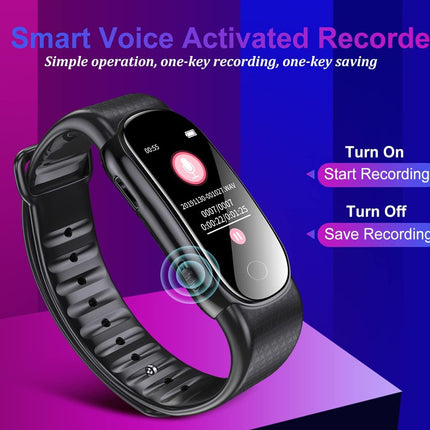 Black smart voice activated recorder wristband shown on a purple and blue gradient background with promotional text overlays.