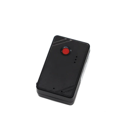 Black electronic device with a red button on a white background
