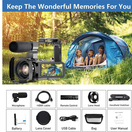 Camera with accessories and a tent in a natural setting, with text 'Keep The Wonderful Memories For You'.