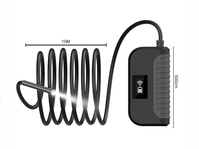 Black inspection camera with coiled cable and remote control on a white background