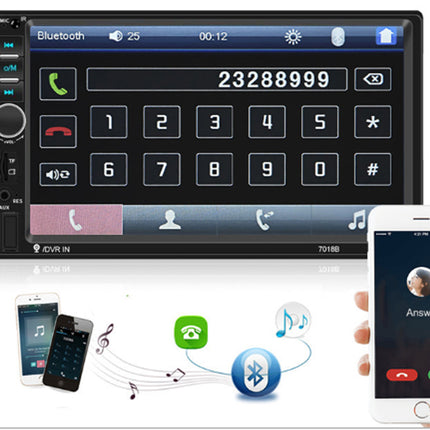 Car stereo system with Bluetooth and phone call interface, smartphone showing call interface.