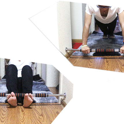 Person using a barbell for leg exercises on a wooden floor.