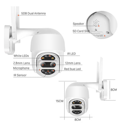 White security camera with labeled parts and dimensions on a white background