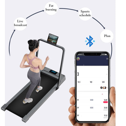 Treadmill with screen displaying a woman exercising, and a smartphone app interface on a white background.