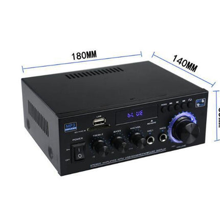Black audio amplifier with dimensions labeled on a white background