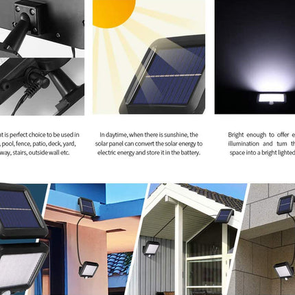 Solar light system with various applications and features highlighted.