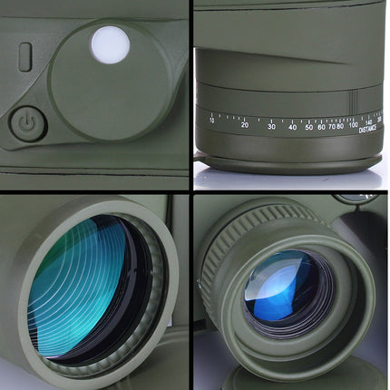 Collage of close-up shots of a green telescope lens and body.