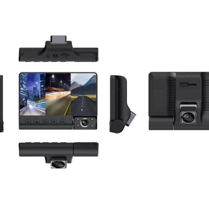 Set of car dashboard cameras and monitors on a white background