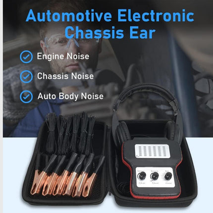 Automotive electronic chassis ear with noise detection features and accessories in a case.