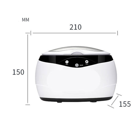 White ultrasonic cleaner with black accents and dimensions labeled on a white background