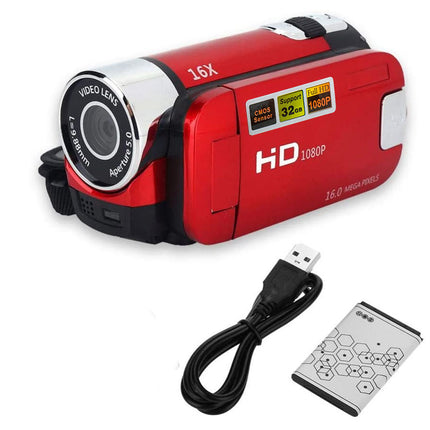 A red and black digital video camera shown with a black USB charging cable and a silver battery on a white background.
