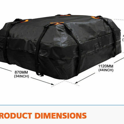 Black roof cargo bag with dimensions labeled on a white background