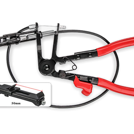 A black and red manual rivet gun tool with a coiled black cable, shown on a white background with a small inset diagram indicating a 50mm opening.