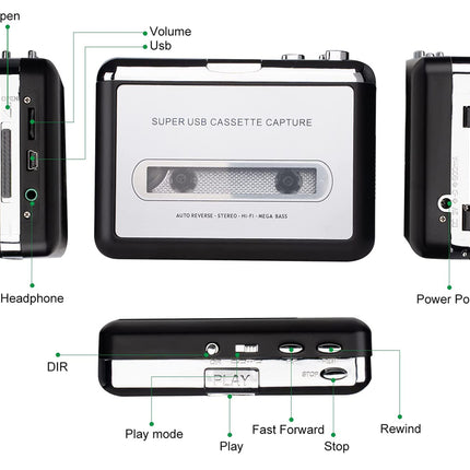 Diagram of a USB cassette capture device with labeled parts on a white background
