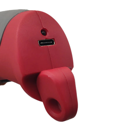 Close-up of a red handheld electronic device with a USB-C charging port and a hanging loop, shown against a plain white background.