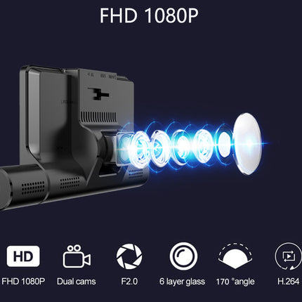A black dash cam shown on a dark navy background with marketing text reading FHD 1080P and feature icons for HD, dual cameras, F2.0, 6 layer glass, 170-degree angle, and H.