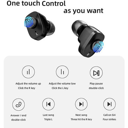 Black true wireless in-ear earbuds with blue illuminated touch controls, shown above a control guide with text and icons for volume, play/pause, answer/end, last song, next song, and Siri call.