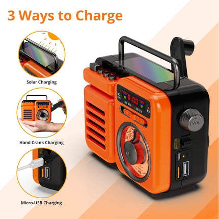 Emergency Weather Radio - 4-in-1 with Solar & Hand-Crank Power | AM/FM/NOAA, Bluetooth Speaker, LED Flashlight, SOS Alarm, 2000mAh Power Bank, RC-15187
