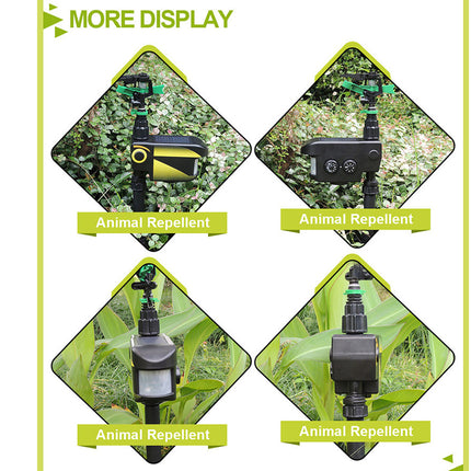 Four views of an animal repellent device in a green and yellow display.