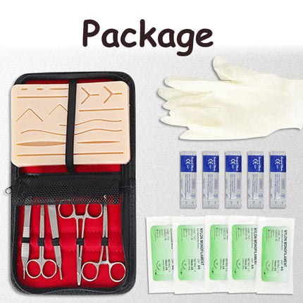 First aid kit package with bandages, scissors, and other supplies on a white background