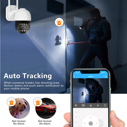Promotional graphic for a smart security camera system showing a white dome security camera, a smartphone app screen with a live feed, and a person in a dark hoodie holding a flashlight near a door. Text reads 'Auto Tracking' with icons for motion detection and push alarm notification, plus small example images labeled 'Not Human No Alarm' and 'Not Human No Alarm'.