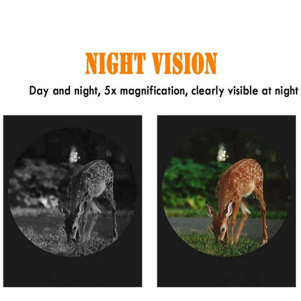 Two views of a deer at night with night vision text and magnification details.