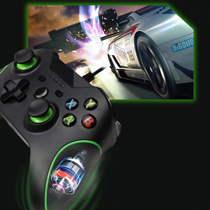 Game controller with green accents next to a racing game screen