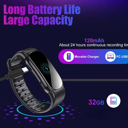 Black smart band with a glossy rectangular display, shown connected to a charging cable on a dark purple promotional background with text highlighting 120mAh battery life, 32GB storage, and USB charging.