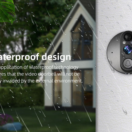 Video doorbell on a house exterior with text about waterproof design.
