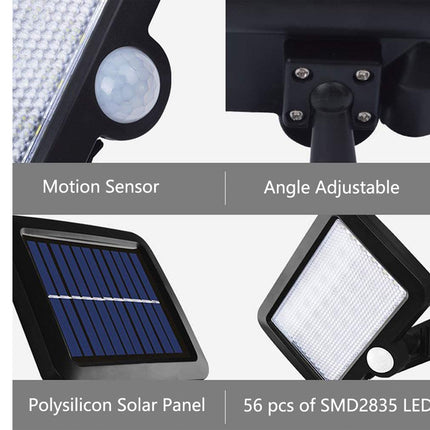 Solar light with motion sensor, adjustable angle, polysilicon solar panel, and LED lights on a white background.