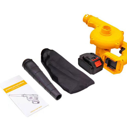 Yellow power tool with black attachment and battery on a white background