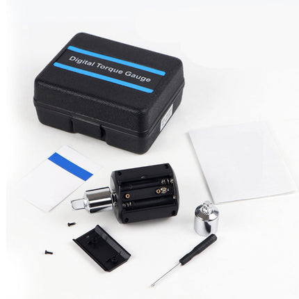Digital torque gauge set with components on a white background