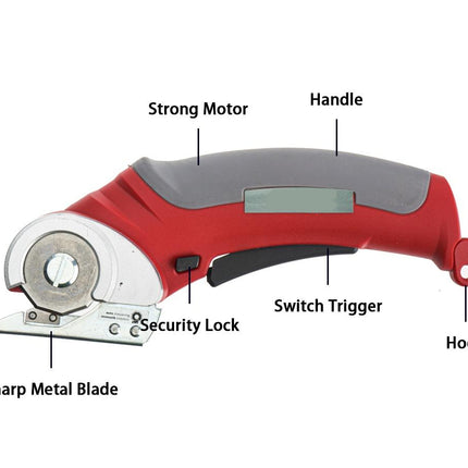 A red and gray electric angle grinder with labeled callouts pointing to the Strong Motor, Handle, Switch Trigger, Hook, Sharp Metal Blade, and Security Lock, on a plain white background.