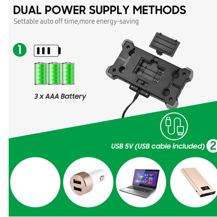 Dual power supply method product with batteries and USB cable on a white background