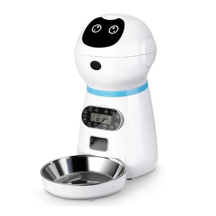 White pet feeder with face design and digital display on a white background