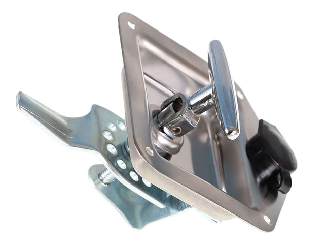 Metal latch mechanism on a white background