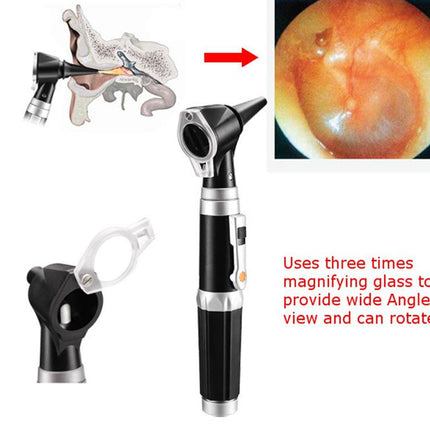 A handheld otoscope examination tool shown on a white background, with inset views of the ear interior and a magnifying glass attachment. Red text reads: 'Uses three times magnifying glass to provide wide Angle view and can rotate.