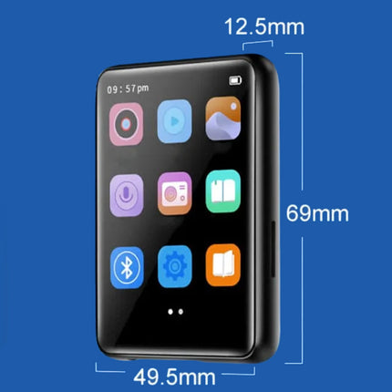 A black smartphone shown on a blue background with white dimension labels indicating 12.5mm width, 69mm height, and 49.