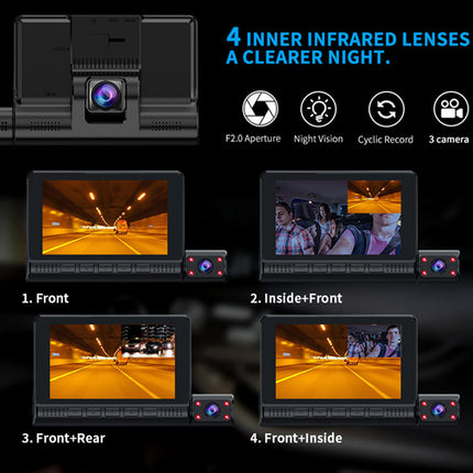 A product infographic for a 3-camera dash cam system, showing the rear view of the unit at the top and four configuration options below: 1. Front, 2.