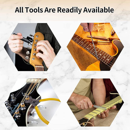 A promotional graphic with the text 'All Tools Are Readily Available' above four hexagonal photos showing hands using guitar-related tools, including a capo on a guitar headstock, screwdrivers on a guitar body, a wrench on a guitar hardware, and a string tree on a guitar neck.