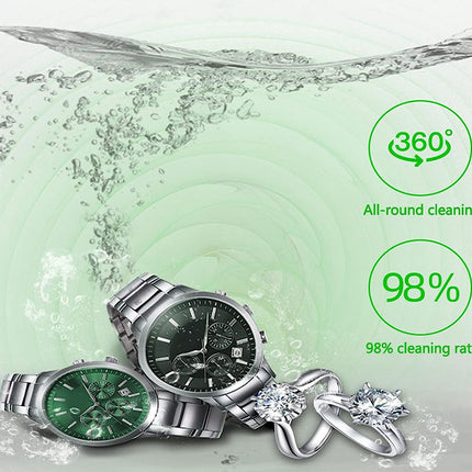 Two watches and a ring with water droplets and cleaning text on a light green background