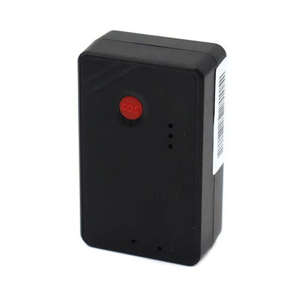Black electronic device with a red button on a white background