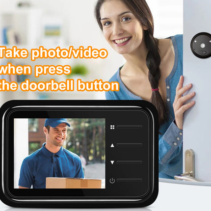 A black digital doorbell with a screen showing a delivery person, alongside a woman looking at a wall-mounted camera, with orange text that says 'Take photo/video when press the doorbell button'.